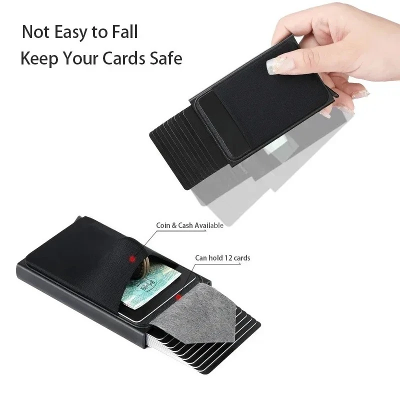 Porta carte pop-up automatico in alluminio con mini portafoglio RFID sottile da uomo con custodia posteriore elastica, porta carte di credito ID