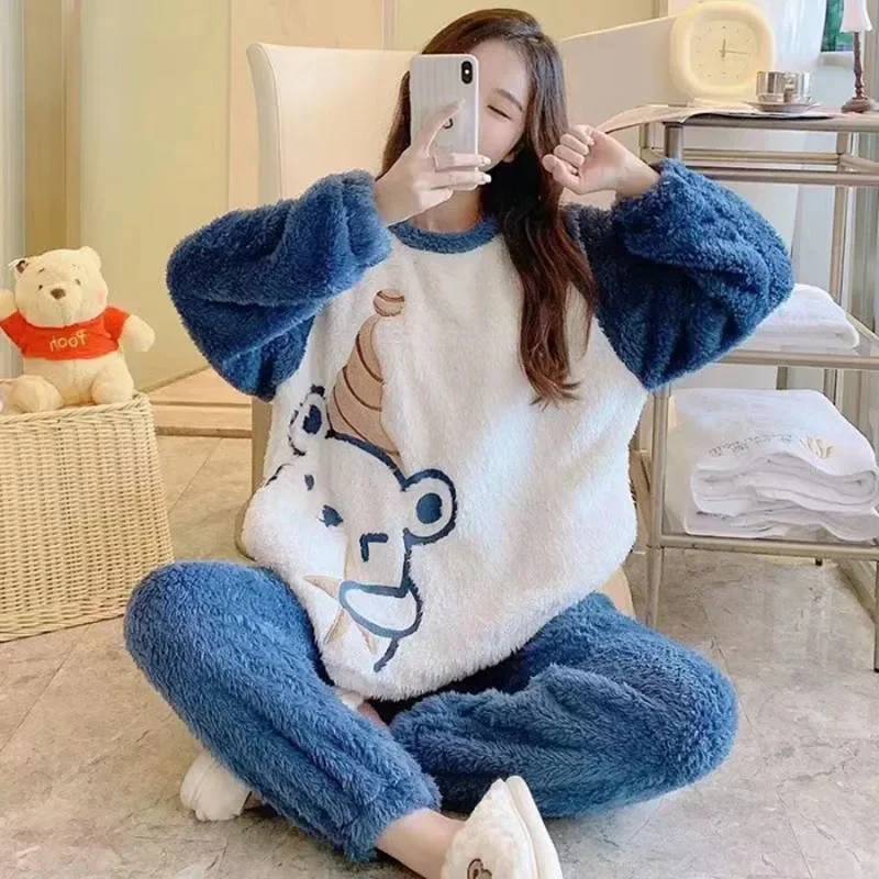 Engrossado flanela quente pijamas femininos coral veludo pijamas inverno bonito dos desenhos animados urso acolchoado dois conjuntos menina pijamas loungewear