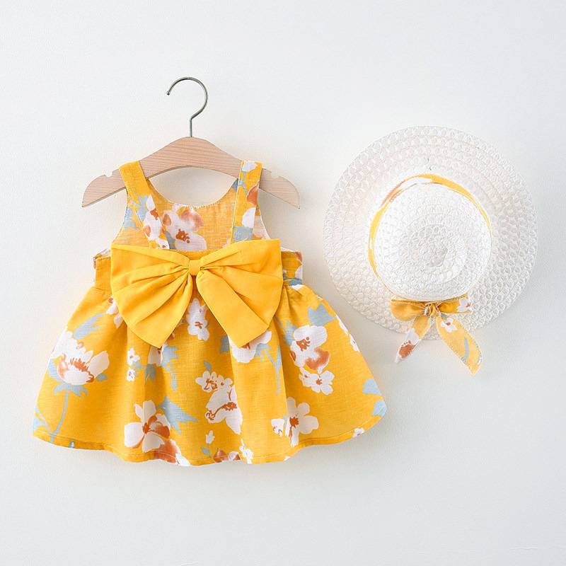 Sommer Neue Mädchen Mode Kleid Kleine Chrysantheme Hängen Strap Großen Bogen Prinzessin Kleid Party Kleid 0-3 Jahre alt