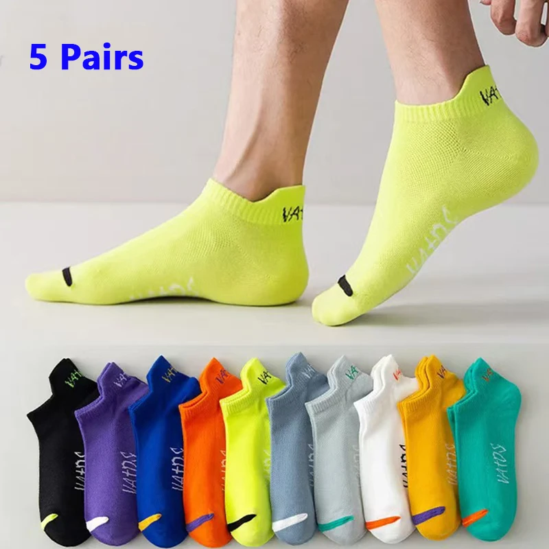 5 pares de calcetines tobilleros de colores brillantes para hombre, transpirabilidad, moda informal, estilo callejero, desodorizantes, invisibles, para viajes y correr