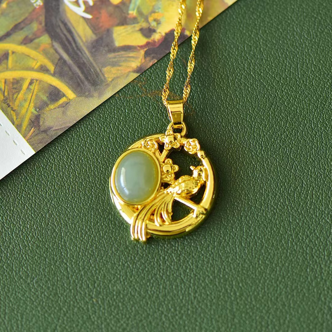 จี้ทองแดงฝังหยกธรรมชาติ Hetian สร้อยคอแฟชั่นผู้หญิง Magpie จี้ของขวัญเครื่องประดับอัญมณีผู้หญิงทันสมัย