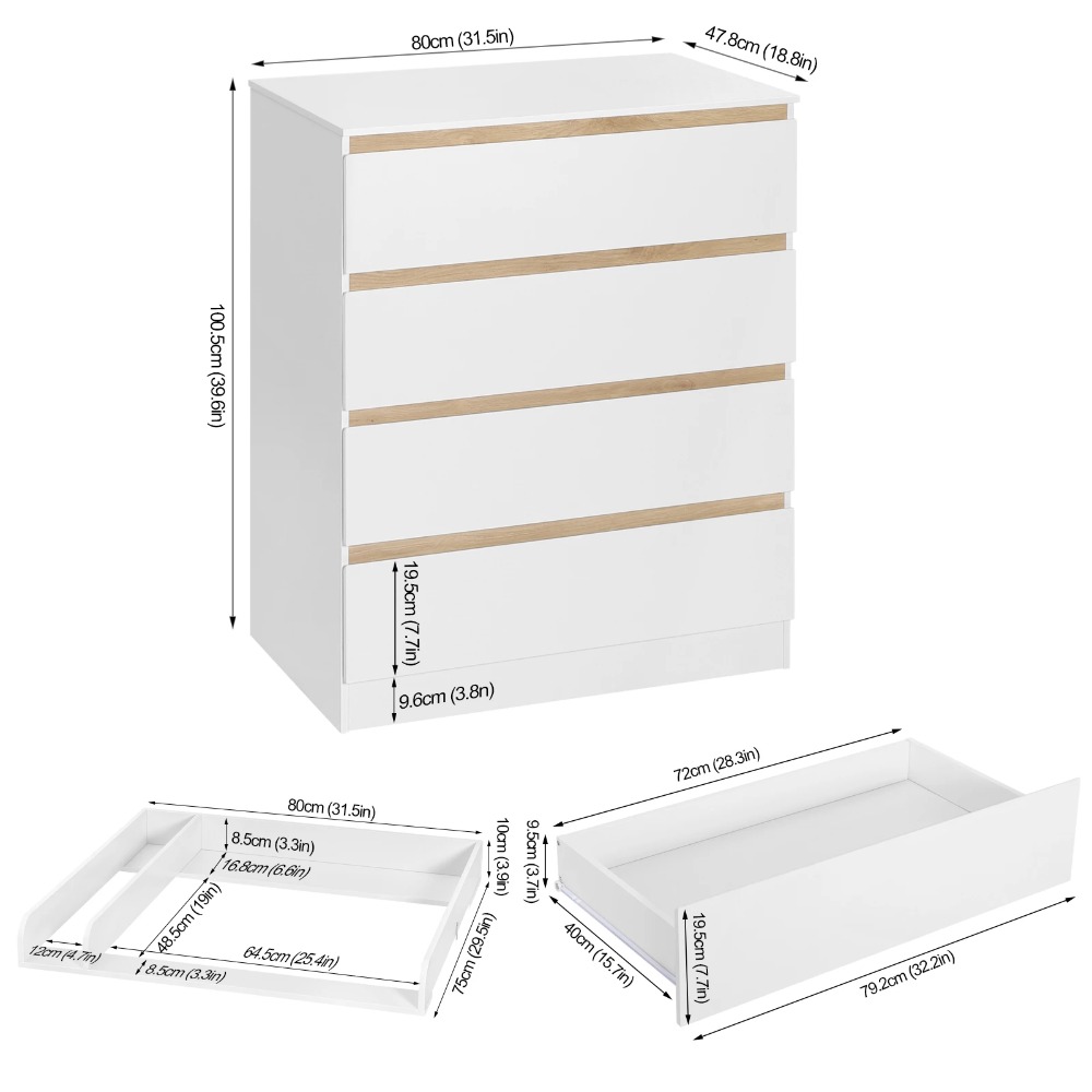 Cambiador para bebé con 4 cajones, tocador blanco con funda para cambiador, blanco, 80 x 75 x 119 cm
