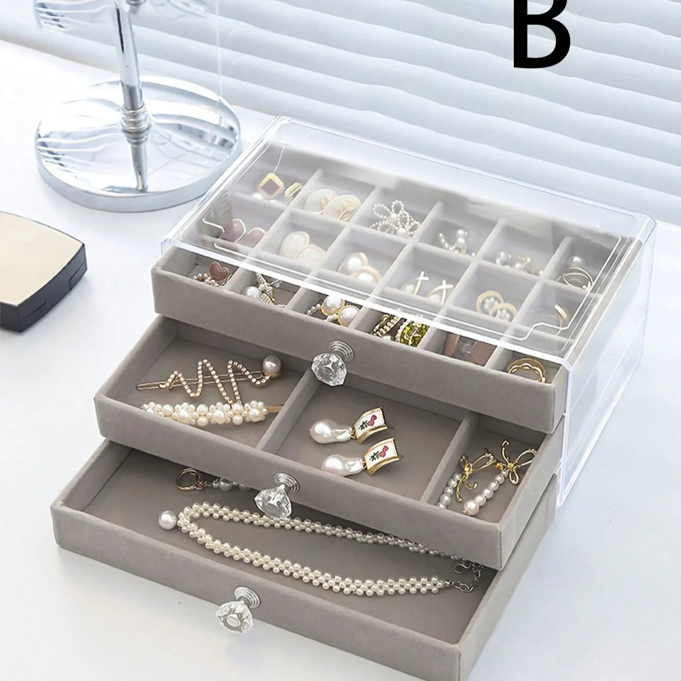 1PC 3-layer transparent plastic and velvet drawer jewelry storage box elegant crystal-shaped handle display table
