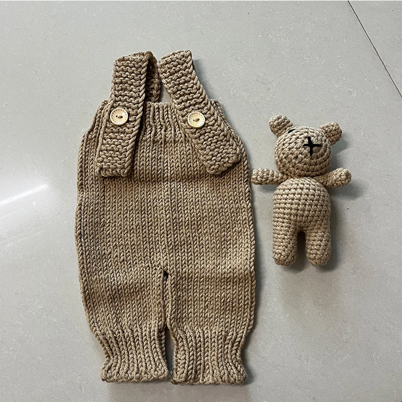 ฮาโลวีน Oufits การถ่ายภาพเด็กเสื้อผ้าถักด้วยมือ Suspender Jumpsuit และหมวกหมีตุ๊กตาหมีตุ๊กตาหมีตุ๊กตาตกแต่งถ่ายภาพ Props