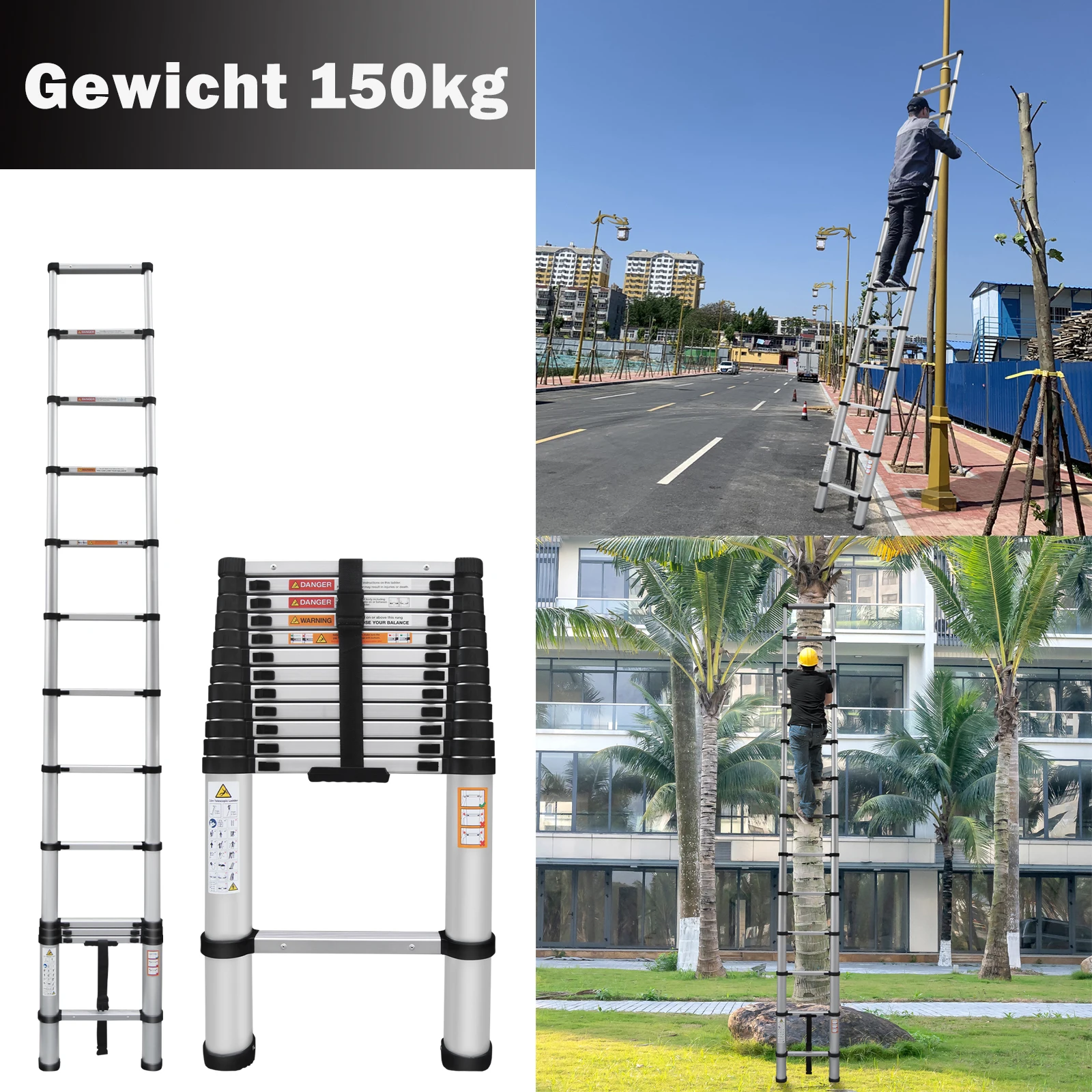 Aluminium-Teleskopleiter 5 m, leichte ausziehbare Leiter für Zuhause/Dach/Malerei, 150 kg Tragfähigkeit, tragbare Aufbewahrung