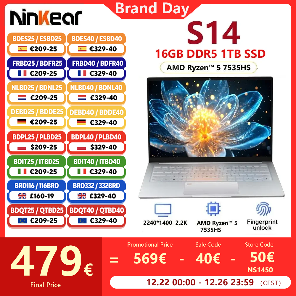 Tableta para portátil Ninkear S14 AMD Ryzen ™   5 7535HS 14 pulgadas 16GB LPDDR5 1TB SSD computadora portátil Wifi 6 admite reconocimiento de huellas dactilares