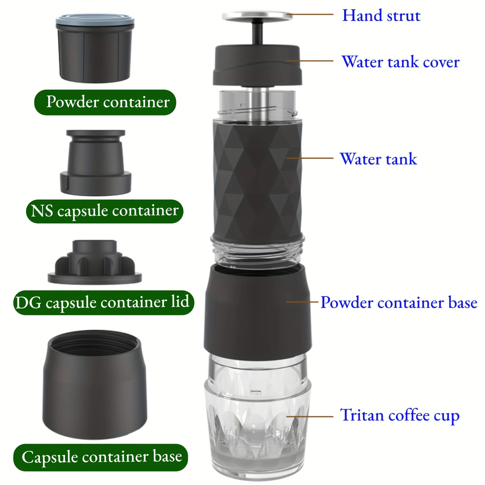Cafetera portátil 3 en 1, cafetera Espresso Manual de agua caliente/fría para cápsulas y prensa Manual molida, cafetera para senderismo y viajes