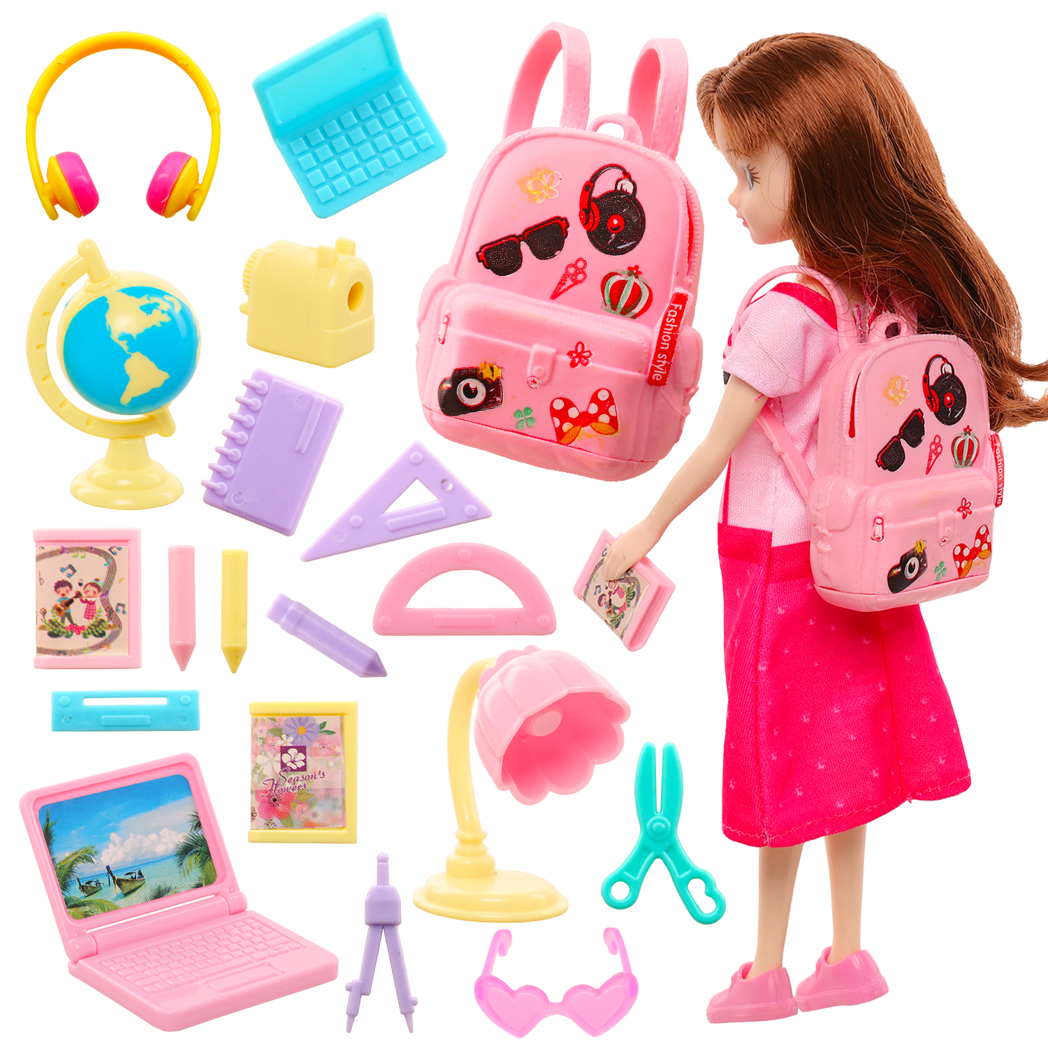 Mignon Miniature maison de poupée accessoires d'étude pour poupée 18 articles Mini ordinateur portable règle Globe crayon lampe de Table pour Barbie enfants jouets