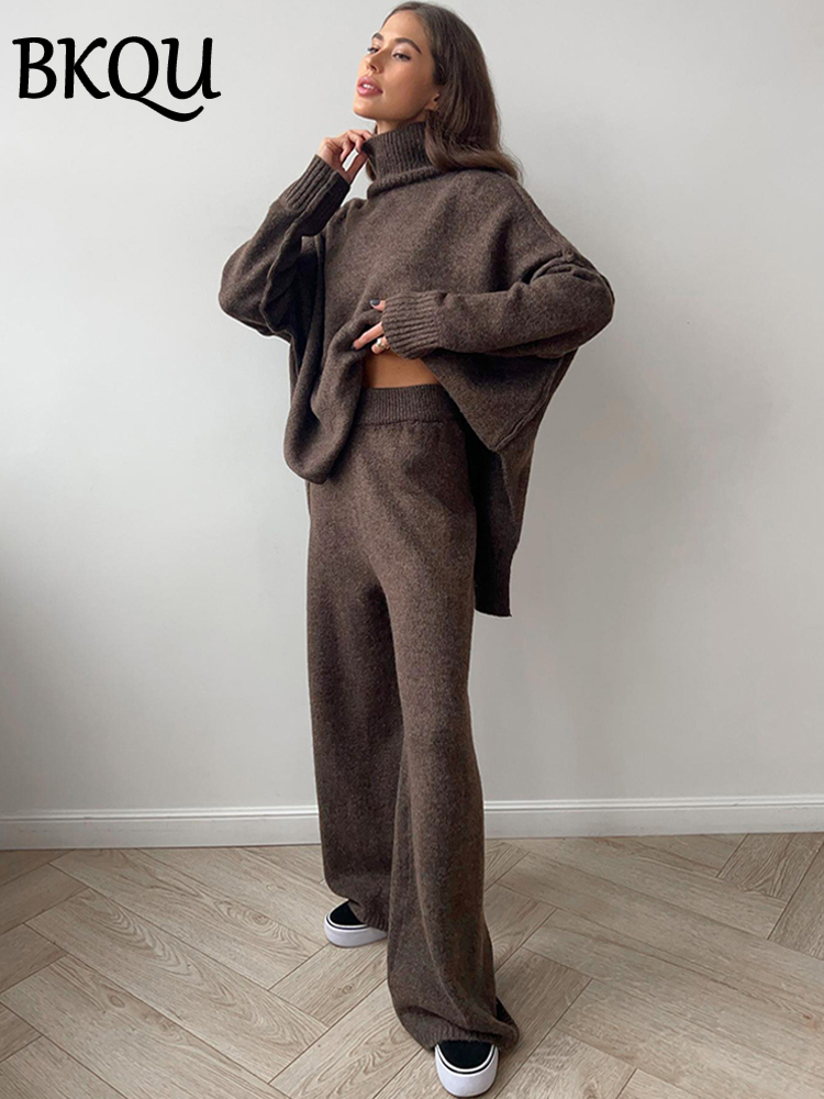 BKQU ニット 2 点セット女性タートルネックセーターとワイドレッグパンツ衣装秋冬カジュアルオフィスレディースホームウェア 2024