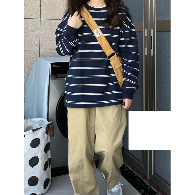 シックな韓国スタイルのストライプ長袖ルーズ女性のベースシャツトレンディなインナーウェア秋冬コットン Tシャツラウンドネック