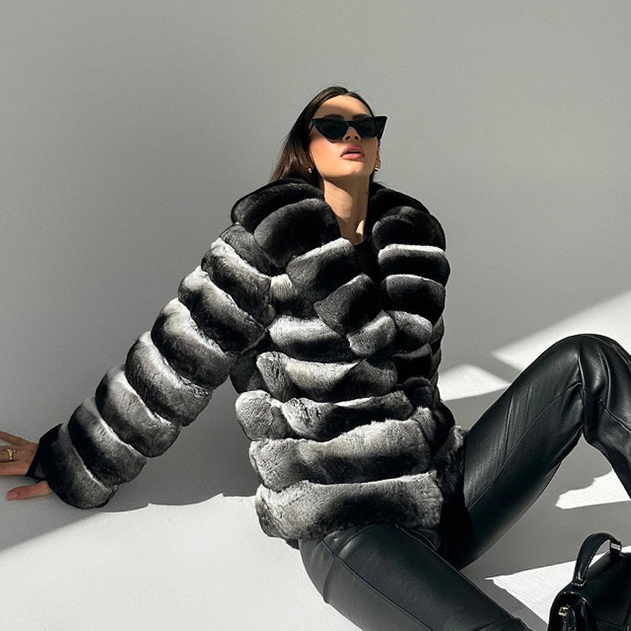Chinchilla Fur Coats Real Rex Rabbit Fur Jacket With Stand Collar Short Fur Coat Women Warm Winter Outerwear