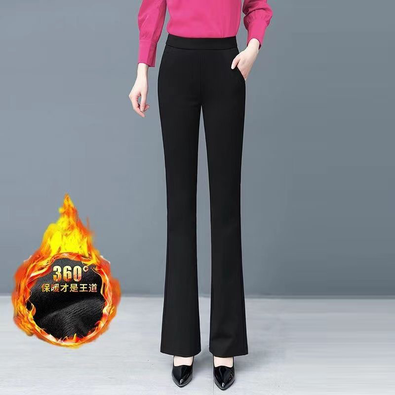 Pantalones acampanados gruesos de felpa para mujer, Pantalones ajustados de cintura alta, color negro, elegantes, moda coreana, otoño e invierno, 2023