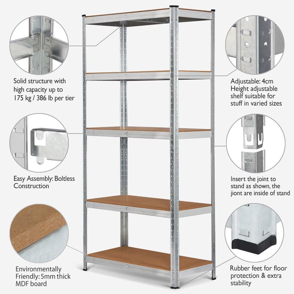 Shelves for Storage - Heavy Duty Metal Garage Shelving Racking Unit Boltless Freestanding 5 Tier Shelf Unit-180x90x40cm-875KG