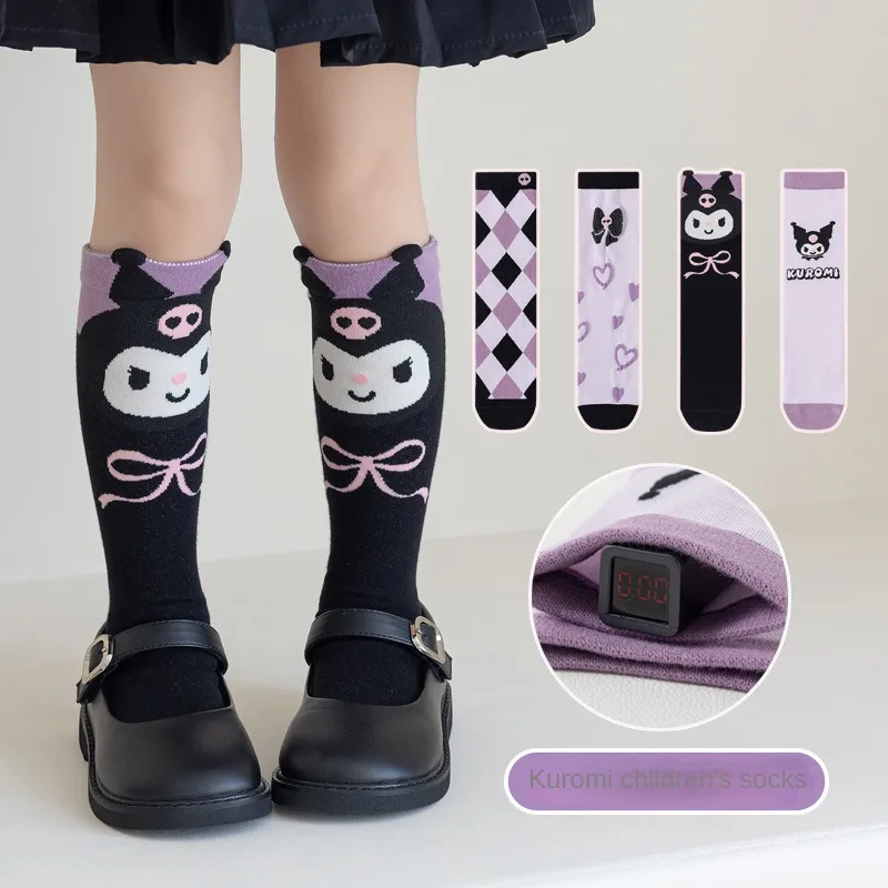 สาวน่ารัก Sanrioed Kuromi สีม่วงเข่าถุงเท้ายาว Kawaii การ์ตูนอะนิเมะ Kuromi เด็กเด็กวัยหัดเดินกลางถุงเท้าของขวัญ
