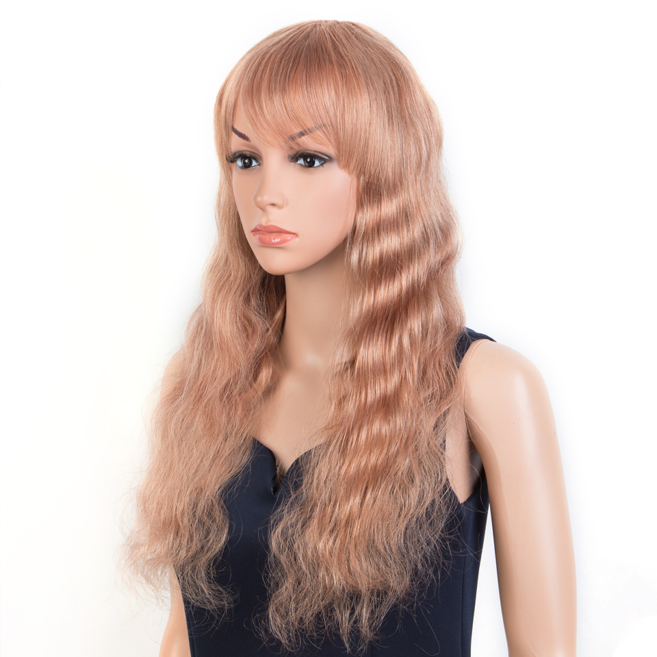 Pelucas brasileñas onduladas elegantes, cabello humano Remy con flequillo, Color naranja, rojo, marrón, P4/27