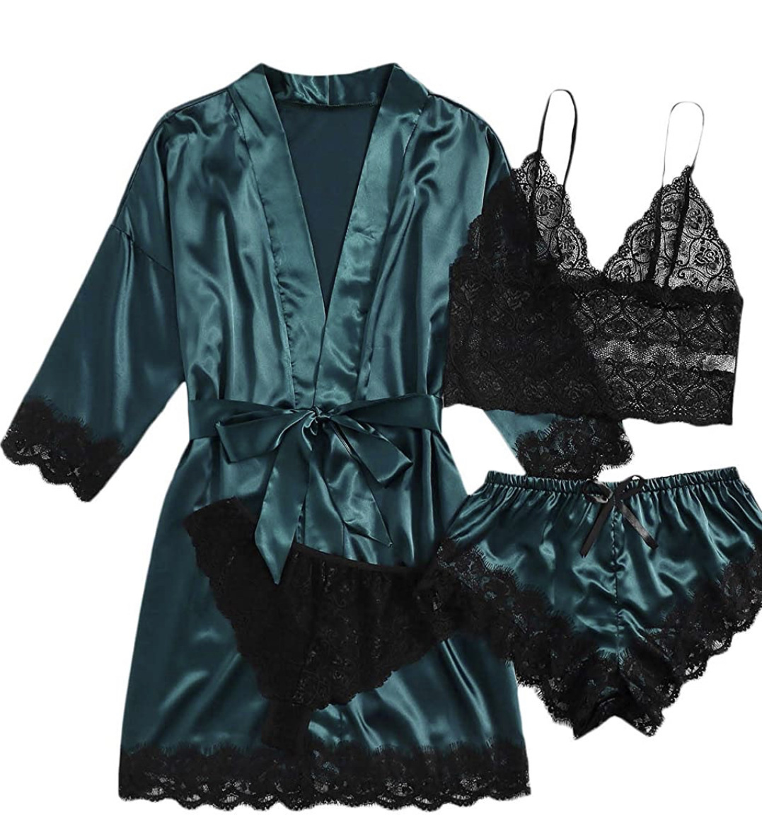 Novos conjuntos de pijama feminino para dormir, conjunto europeu americano de 4 peças com suspensório de cetim de renda, conjunto de verão para dormir