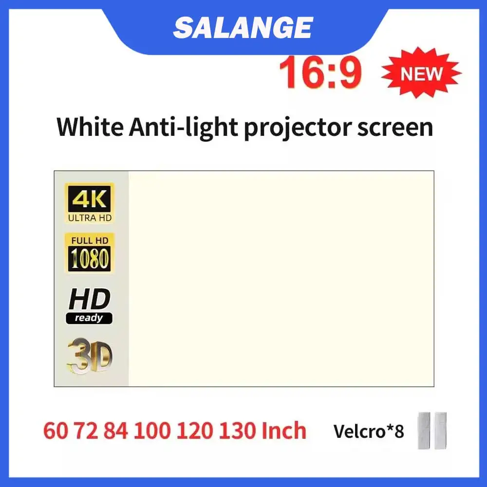 Pantalla de proyector Salange, pantalla de proyección antiluz 16:9 de rejilla blanca para el hogar, tela reflectante portátil de 72 84 100 120 130 pulgadas
