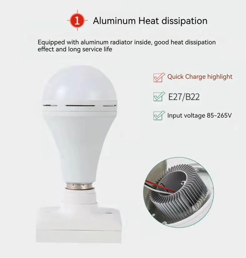7W 9W 12W 15W LED Emergency Light Bulb Rechargeable Energy Saving Lamp for Home Power Outage Backup Portable Handheld Light