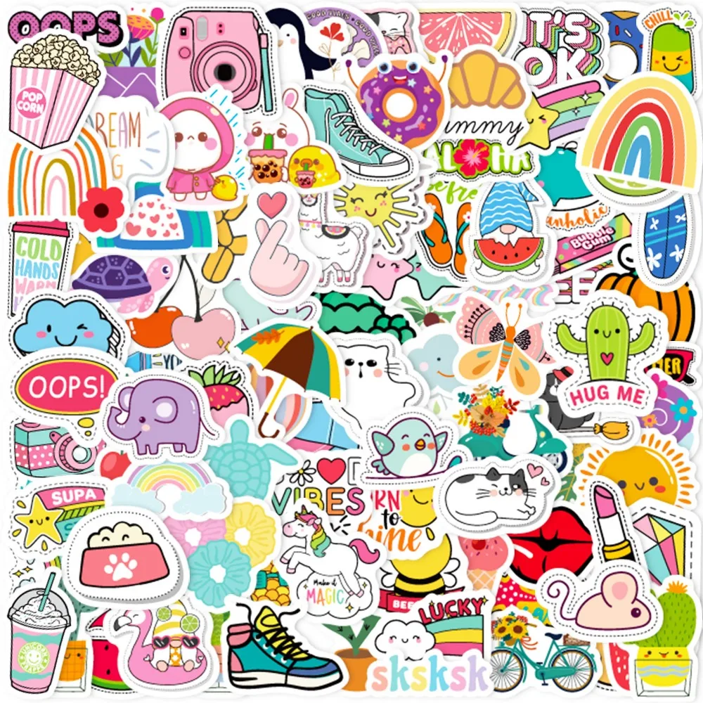 100pcs Kawaii น่ารักสติกเกอร์ Vsco สุนทรียศาสตร์สดสําหรับเด็กที่มีสีสันสติกเกอร์ DIY แล็ปท็อปขวดน้ําโทรศัพท์สติกเกอร์ตกแต่ง