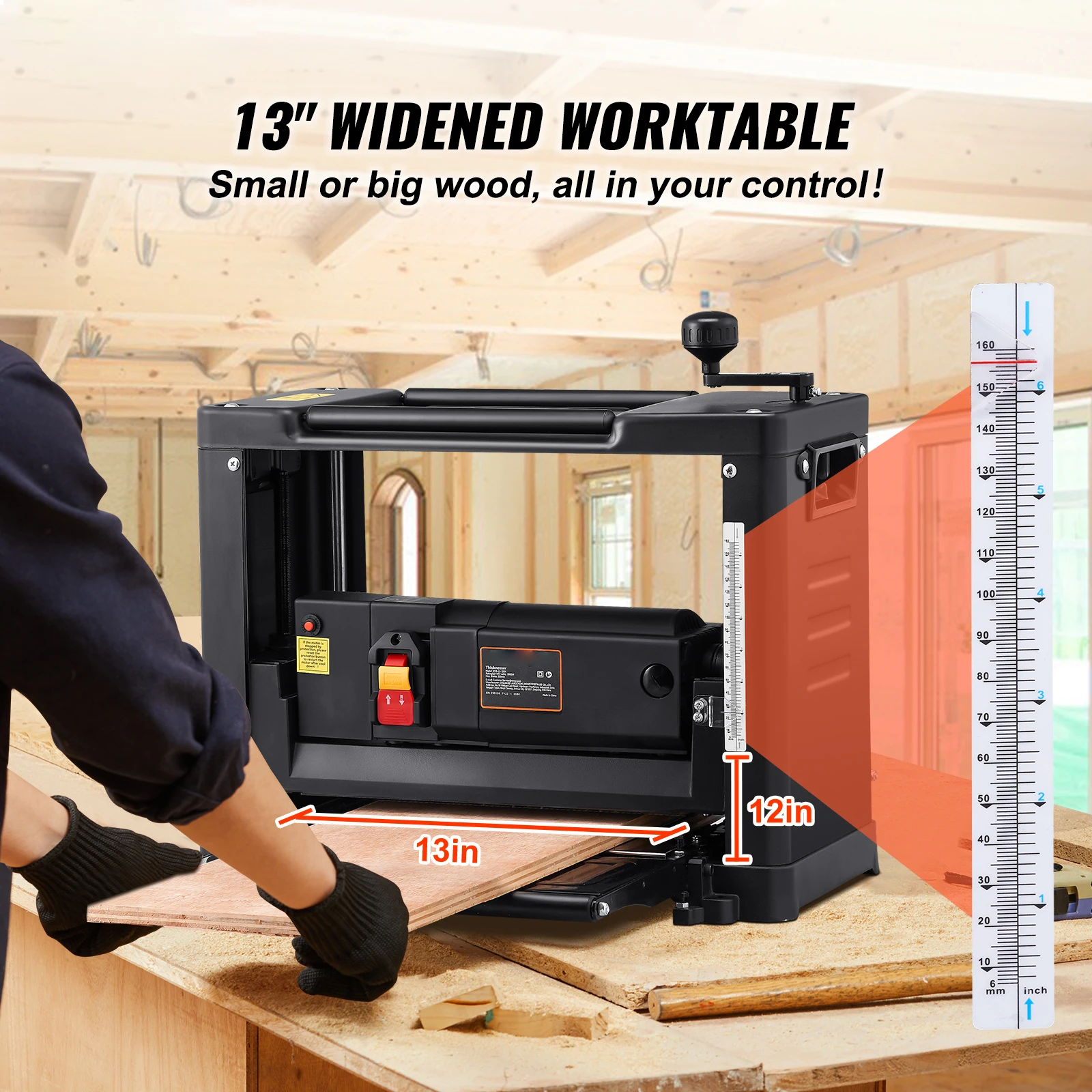 VEVOR Pialla a Spessore 2000W per Legno Altezza Regolabile Lama in Acciaio al Carbonio, Pialla Filo Spessore 15 Amp 2000 W 23500 giri/min, Pialla a Spessore per Lavorazione di Legno  Larghezza 33 cm