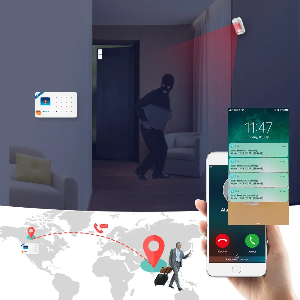 Kerui w181 tuya inteligente wifi gsm sistema de alarme segurança funciona com alexa casa detector movimento do assaltante sensor porta ao ar livre câmera