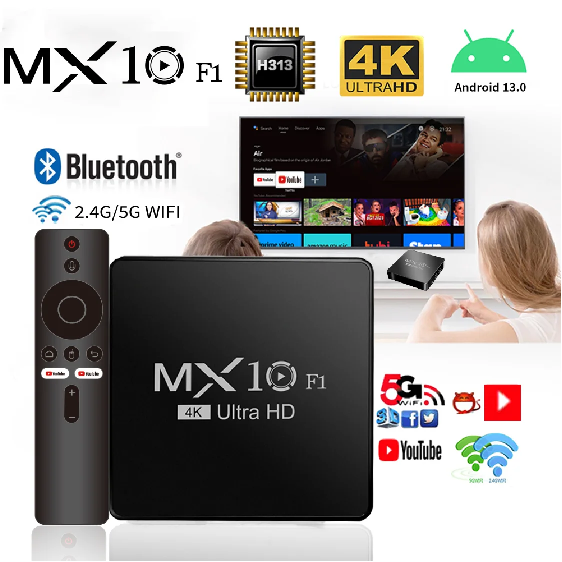 Smart TV Box Android 13 MX10 F1 Allwinner H313 Mali-G31 TV Box Soporte Android Control remoto por voz