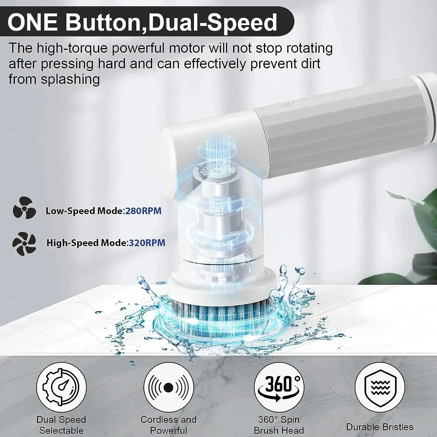 Zai Xiao Electric Spin Scrubber Cordless Cleaning Brush with 2 Rotating Speeds & 6 Replaceable Heads for Bathroom,Kitchen,Wall,O