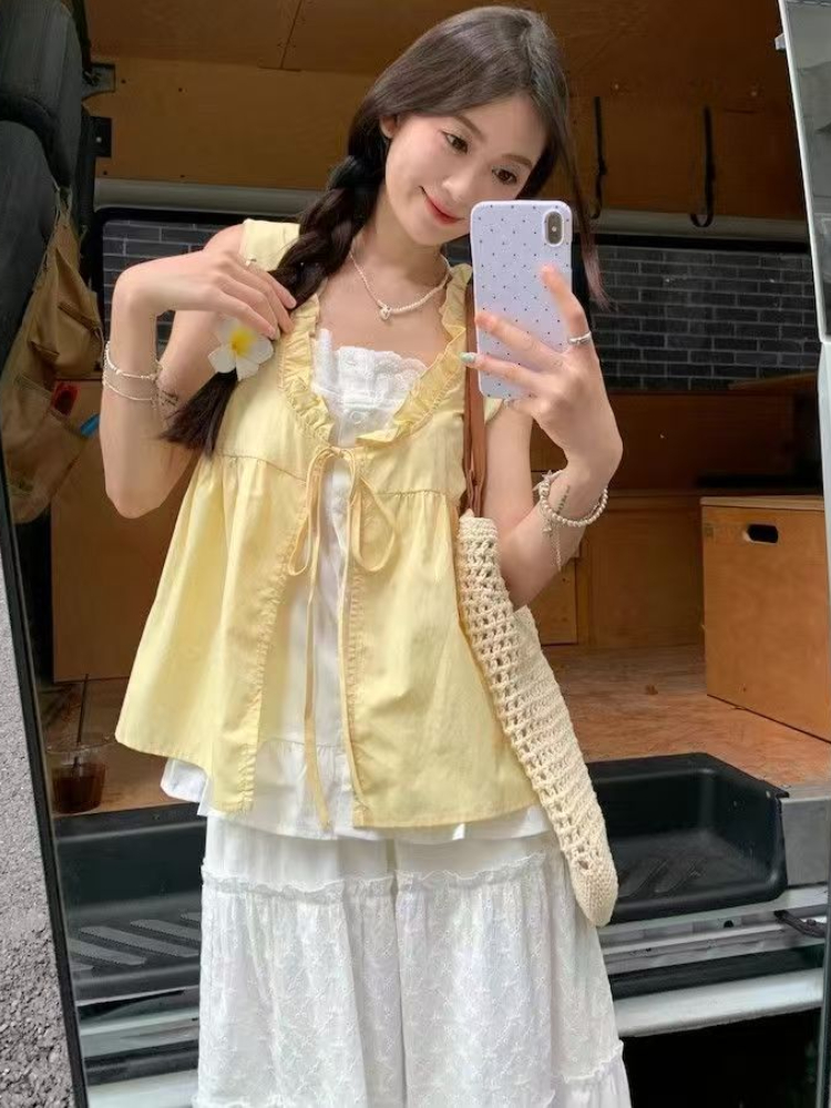 夏の韓国のファッションルーズノースリーブトップス女性甘いカジュアルレースアップ固体 V ネックシフォントップ女性のシックな薄いフリルブラウス