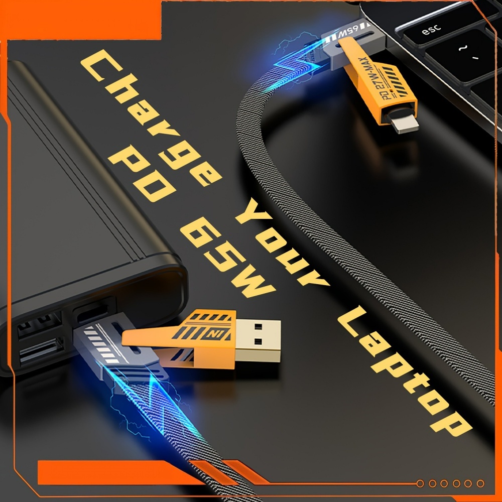 65W 4 in 1 Multi Ports USB Data Cable PD USB C Fast Charging Cord For iPhone 16 15 Pro Max For Samsung Xiaomi Type C Device