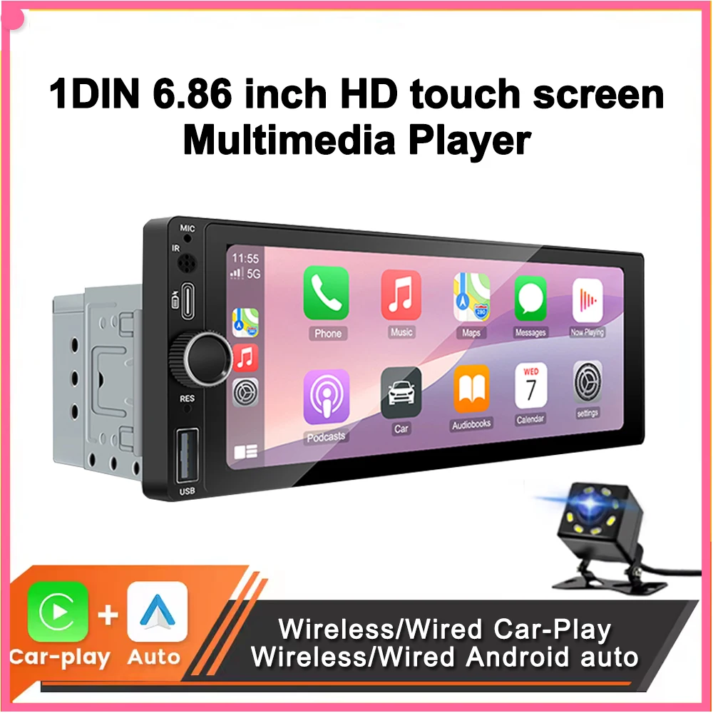 1DIN 6.86inch Universal MP5 Car Radio Support Wireless Carplay Android AUTO AUX USB  BT Touch Screen Multimedia Video Player