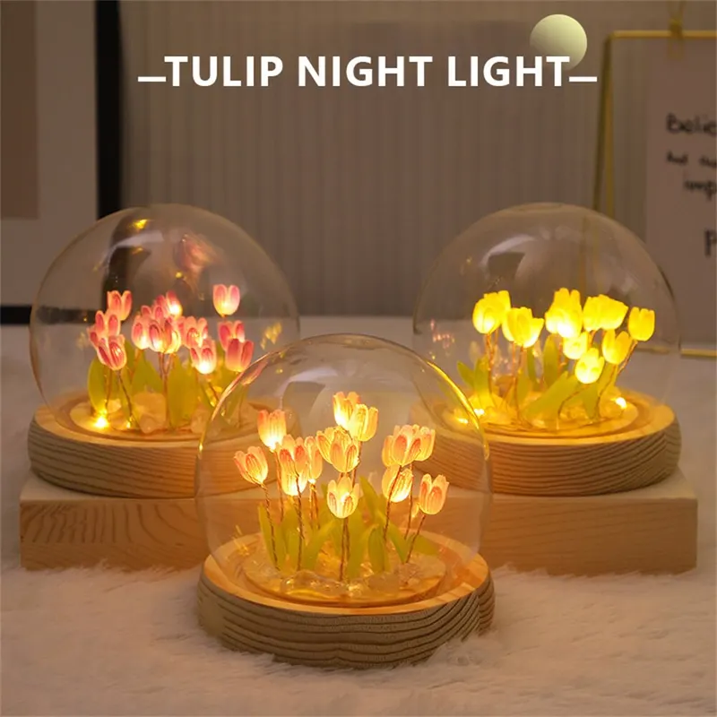 Tulipa artificial flor luz da noite artesanal diy lâmpada de cabeceira led noite decoração do quarto presentes natal aniversário candeeiro mesa