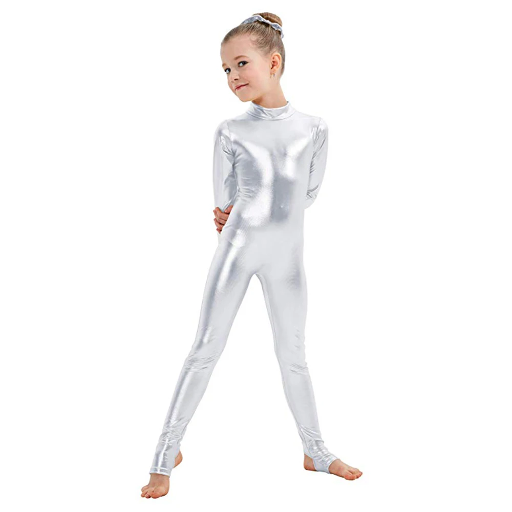 AOYLISEY เด็กแขนยาว METALLIC Unitards Stirrups เต้นรํายิมนาสติก Leotards สาวเงา Dancewear STAGE Performance แสดงชุด