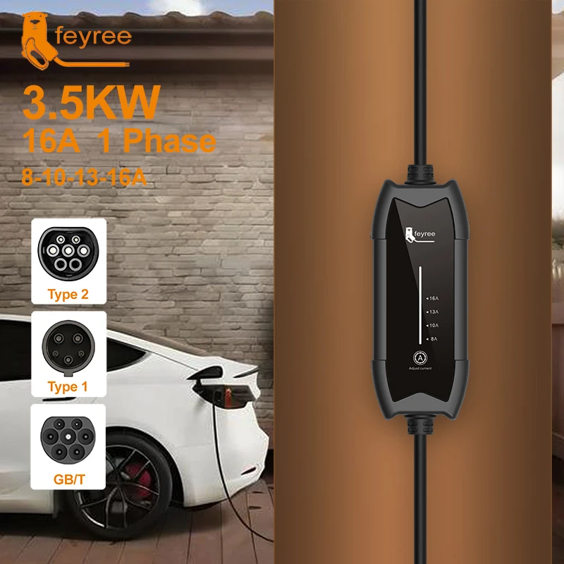 Feyree EV Charger Type2 16A 3.5KW 1 Fase GB/T / Type1 Corrente Ajustável Cabo de 3,5 m Caixa de Carregamento Portátil para Veículo Elétrico