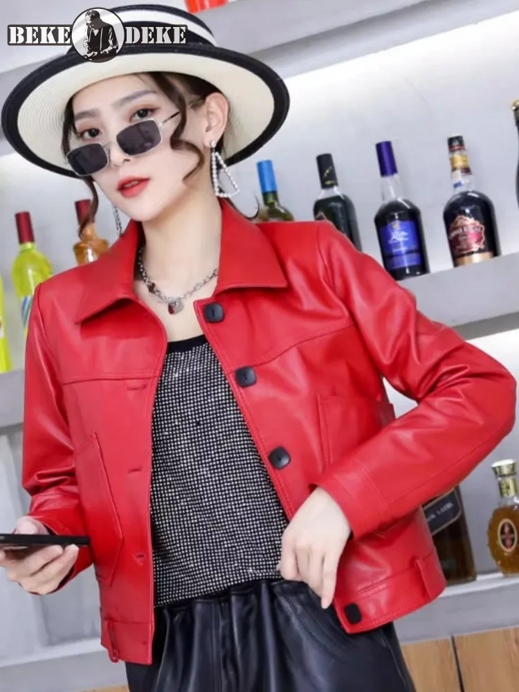 Frühling Neue Frauen Kurze Stil Einreiher Tasten Schaffell Echtes Leder Jacke Slim Fit Casual Echt Leder Outwear Mantel