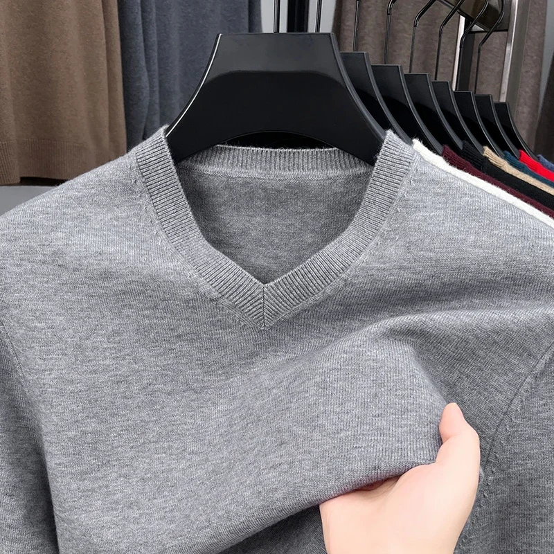 Novo moletom masculino com decote em v básico cor sólida suéteres em torno do pescoço pullovers elásticos quente outono malha camisola de grandes dimensões