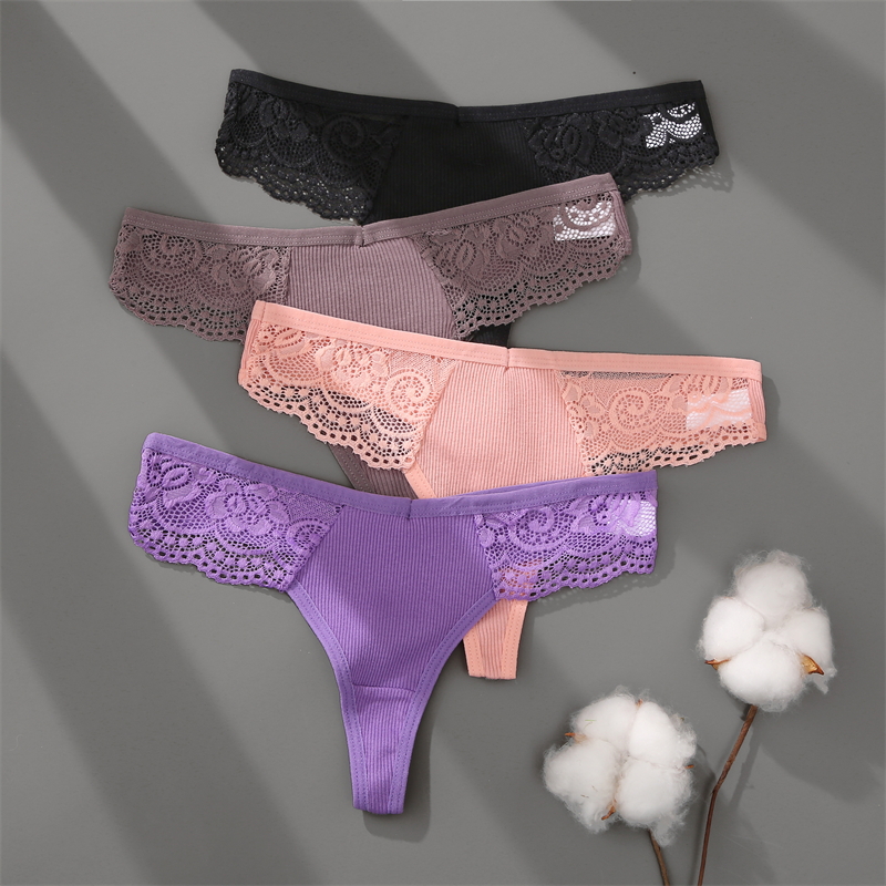 FINETOO-ropa interior de algodón para mujer, tangas de encaje de Color sólido, bragas de Bikini de cintura baja, lencería transpirable, 3 piezas