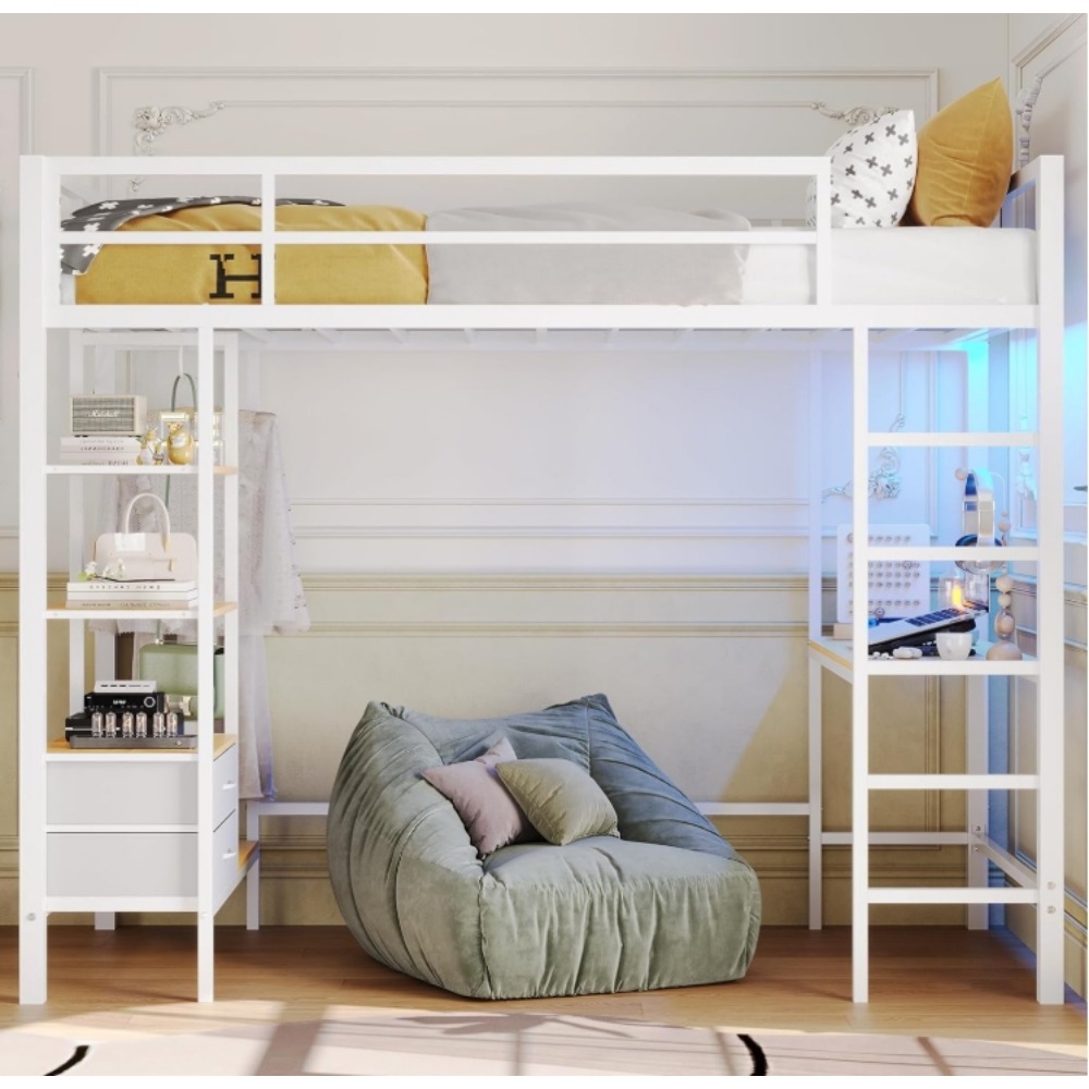 Loft Bed Twin Size with Desk and Charging Station Metal Loft Bed with Led Lights,Storage Shelves and Drawers Twin Size Bed