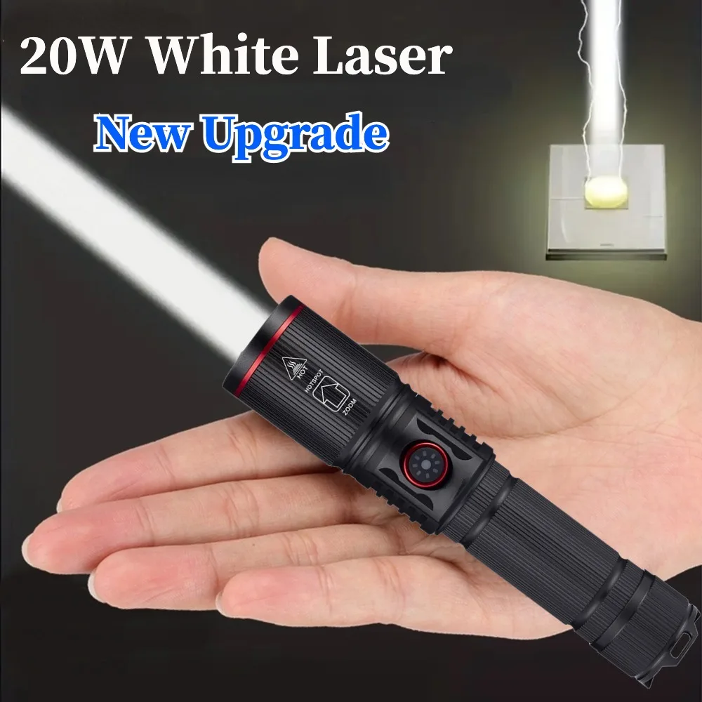Linterna LED láser blanca con Zoom de 20W, linterna recargable tipo C de alta potencia para acampar, caza al aire libre, pesca, lámpara de iluminación para caminar