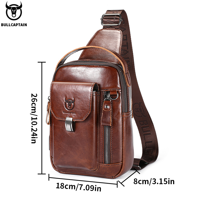 Bullcaptain bolsa de peito de couro genuíno masculina casual retro 7.9 polegadas bolsa para celular multifuncional anti-roubo bolsa crossbody