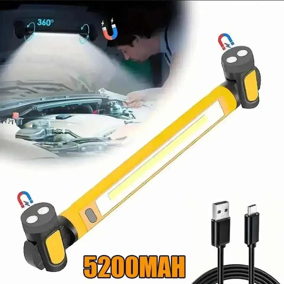Luz de trabajo magnética USB-C superbrillante de 3000LM, 360 °   Base giratoria y ganchos, resistente al agua IP65, para reparación de automóviles/Camping/emergencia