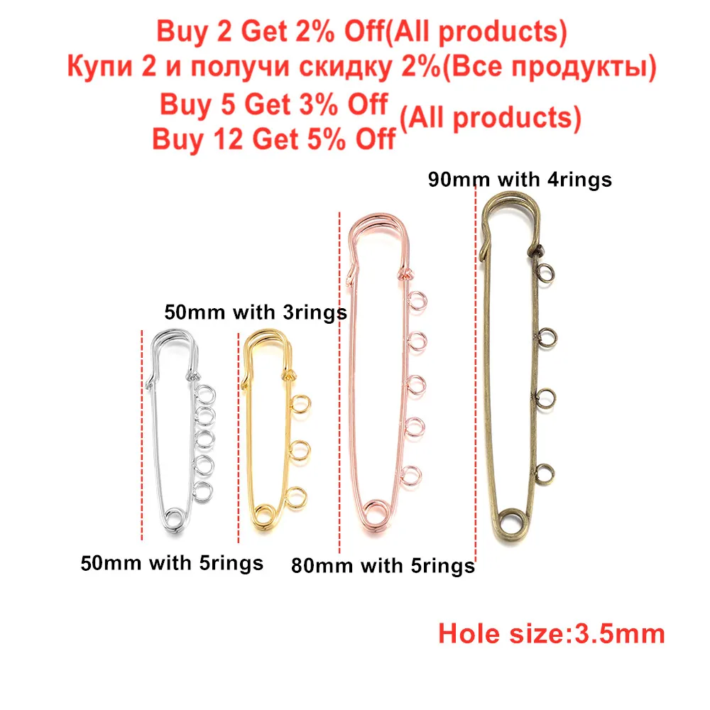 10 pçs/lote Alfinetes de Segurança Broche Base Em Branco Broche Pinos 50/80/90mm Pinos 3/5 Anéis Pin de Jóias para Fazer Jóias Suprimentos Acessórios