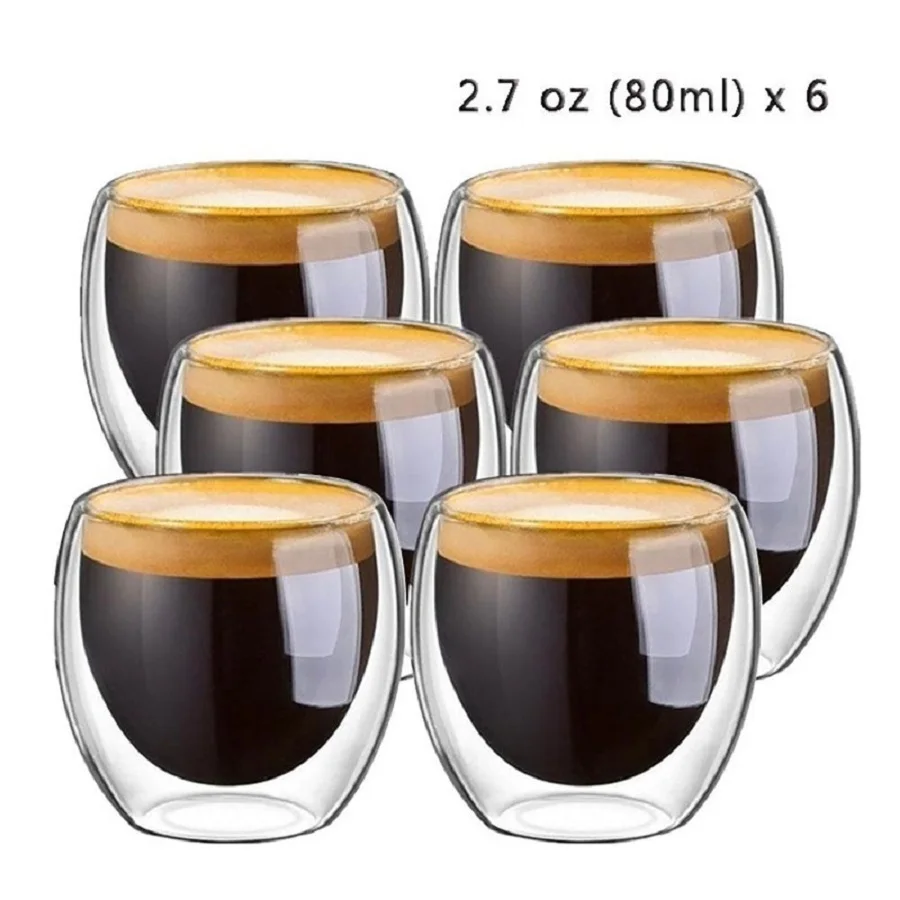 6 ชิ้น, 2.7 ออนซ์ถ้วยกาแฟสร้างสรรค์, สูง Borosilicate Double - layer ถ้วยแก้วเอสเปรสโซ, โปร่งใสเครื่องดื่มถ้วย, ถ้วยน้ําฉนวน