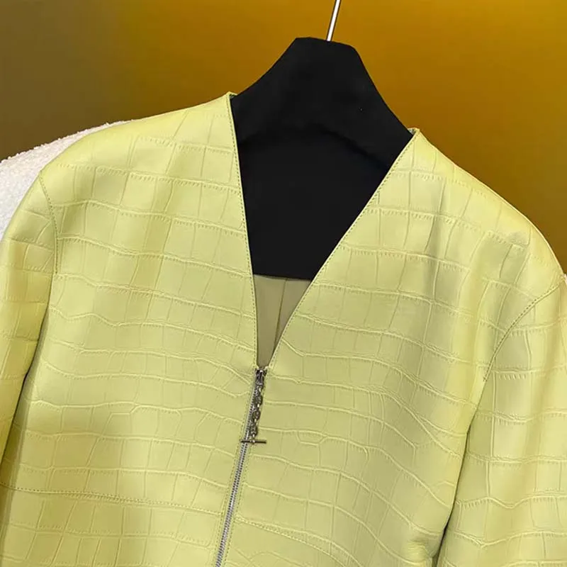 Jaqueta de couro genuíno com decote em v roupas de comprimento curto de alta qualidade mi casaco de pele de crocodilo primavera feminino