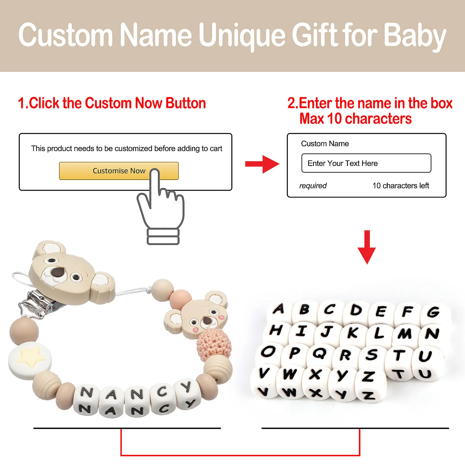 TYRY. HU Custom BPA ฟรีซิลิโคน Abacus DummyDIY ซิลิโคนเด็กทารก Pacifier คลิปส่วนบุคคลชื่อที่มีสีสัน Pacifier Chain การงอกของฟัน