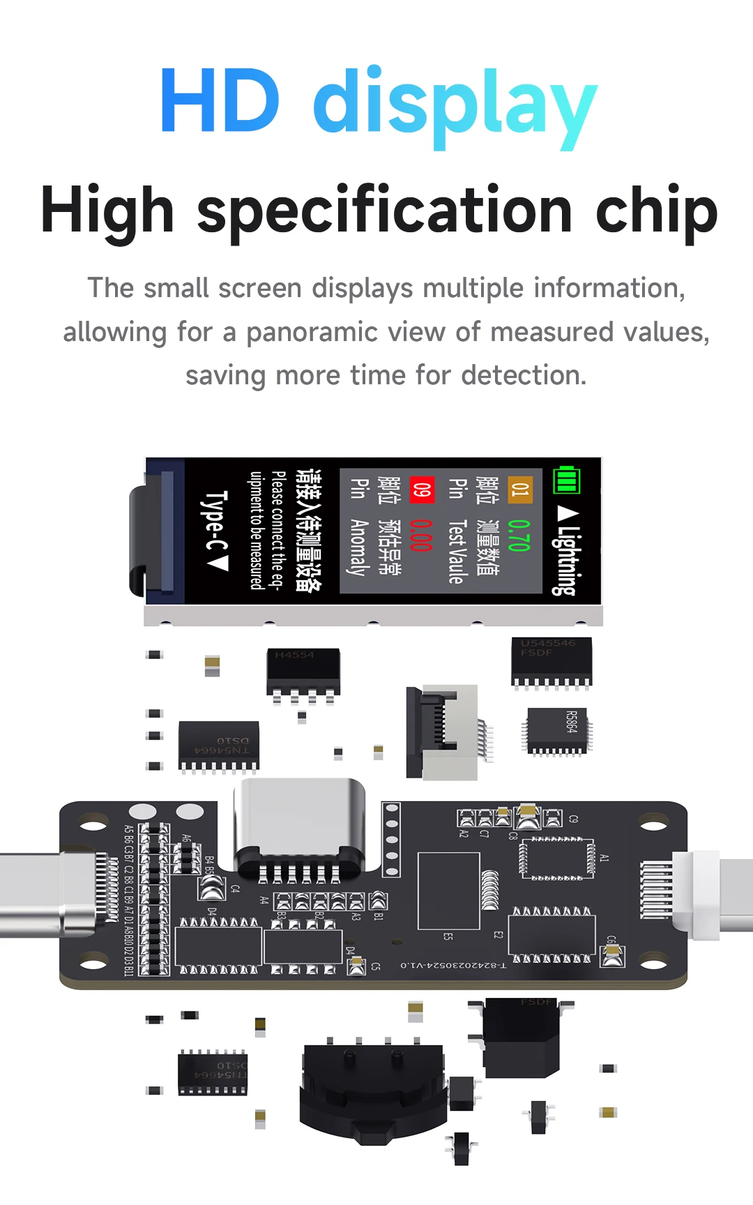 Detección automática inteligente mecánica de probador de enchufe trasero, detección de precisión digital LCD para interfaz Lightning/tipo C