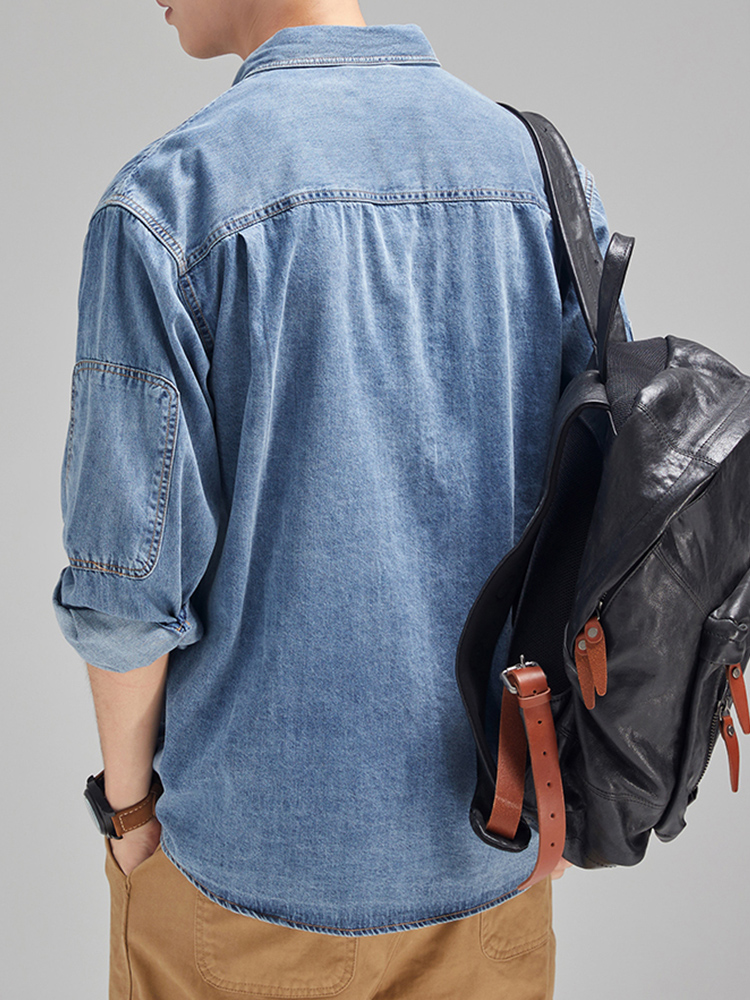 Camisa vaquera de algodón para hombre, camisa de manga larga en negro y azul con hombros caídos y bolsillos con botones, pantalones vaqueros holgados informales para trabajo, novedad de 2024