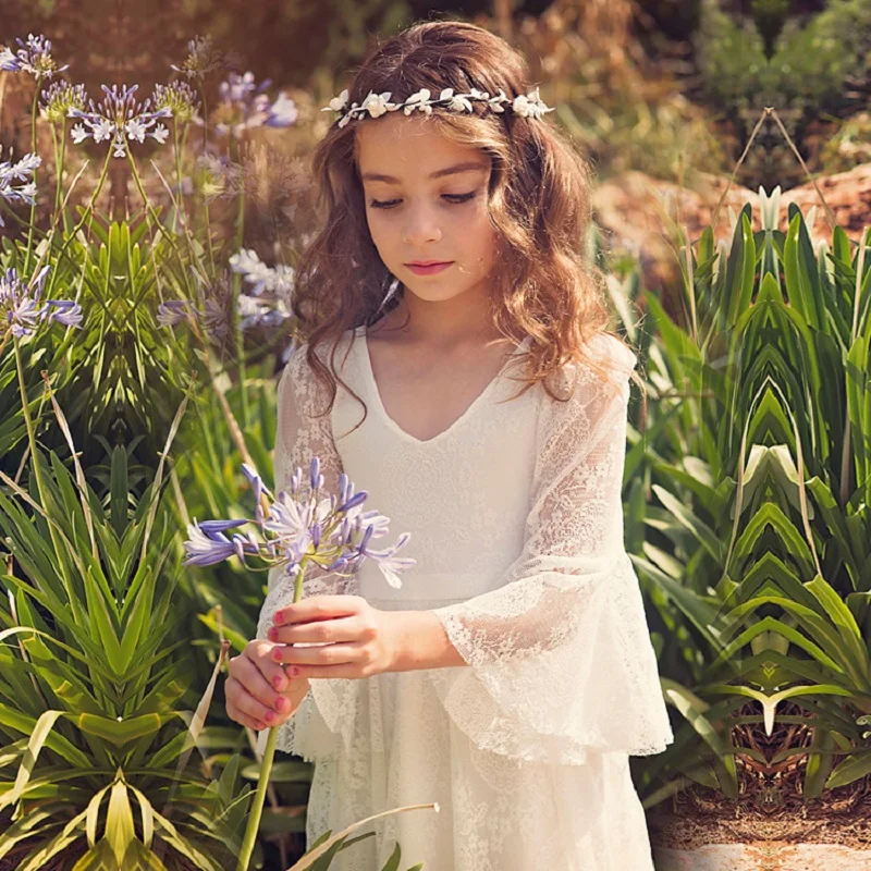 เจ้าหญิงสาวลูกไม้ชีฟองชุดยาวเด็กสาวดอกไม้งานแต่งงานชุดฤดูร้อน Boho วันเกิดงานแต่งงานชุดสําหรับ 2-14 ปี