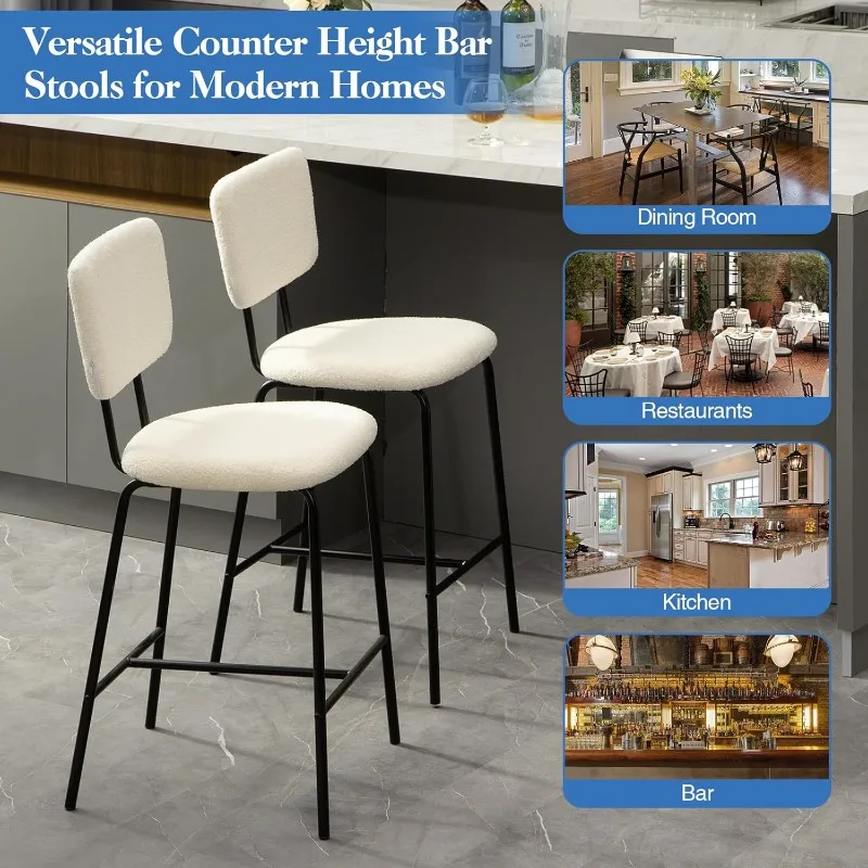 White Counter Stools Set of 2 - Modern Bar Stools Set of 2 with Backs, Counter Height Bar Stools, Upholstered Counter Chair