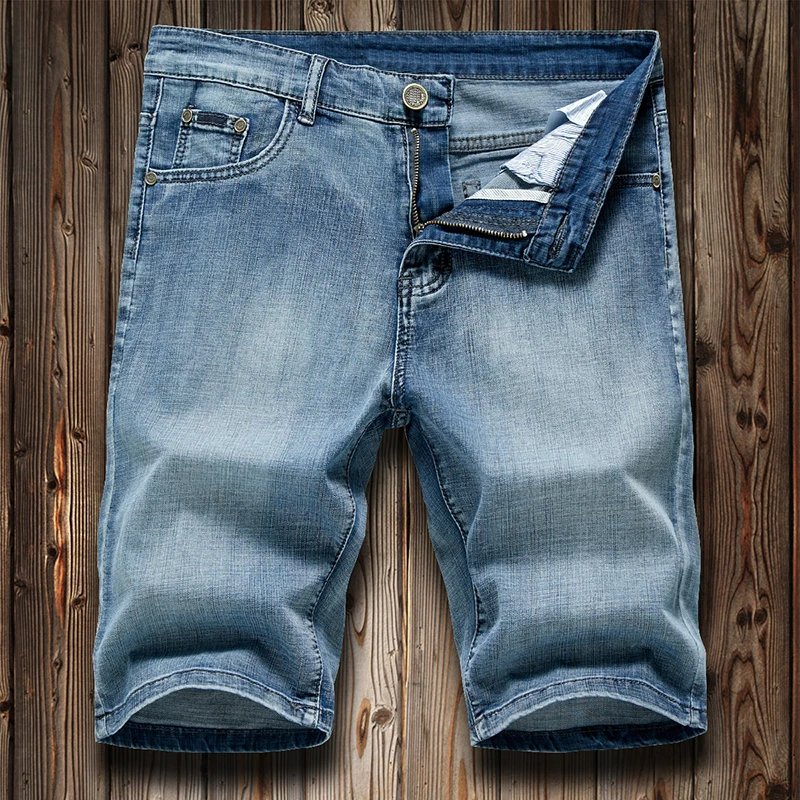 Shorts de verão jeans masculino calças jeans estiramento azul escuro design de moda jeans masculino fino em linha reta jeans curtos hombre