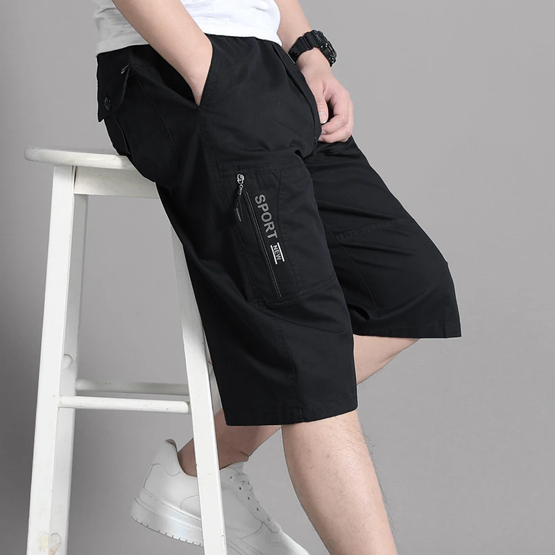 Pantalones cortos tipo cargo para hombre, pantalones hasta la rodilla con bolsillo con cremallera, pantalones cortos de algodón para verano, pantalones cortos de escalada para correr, ropa deportiva con cintura elástica